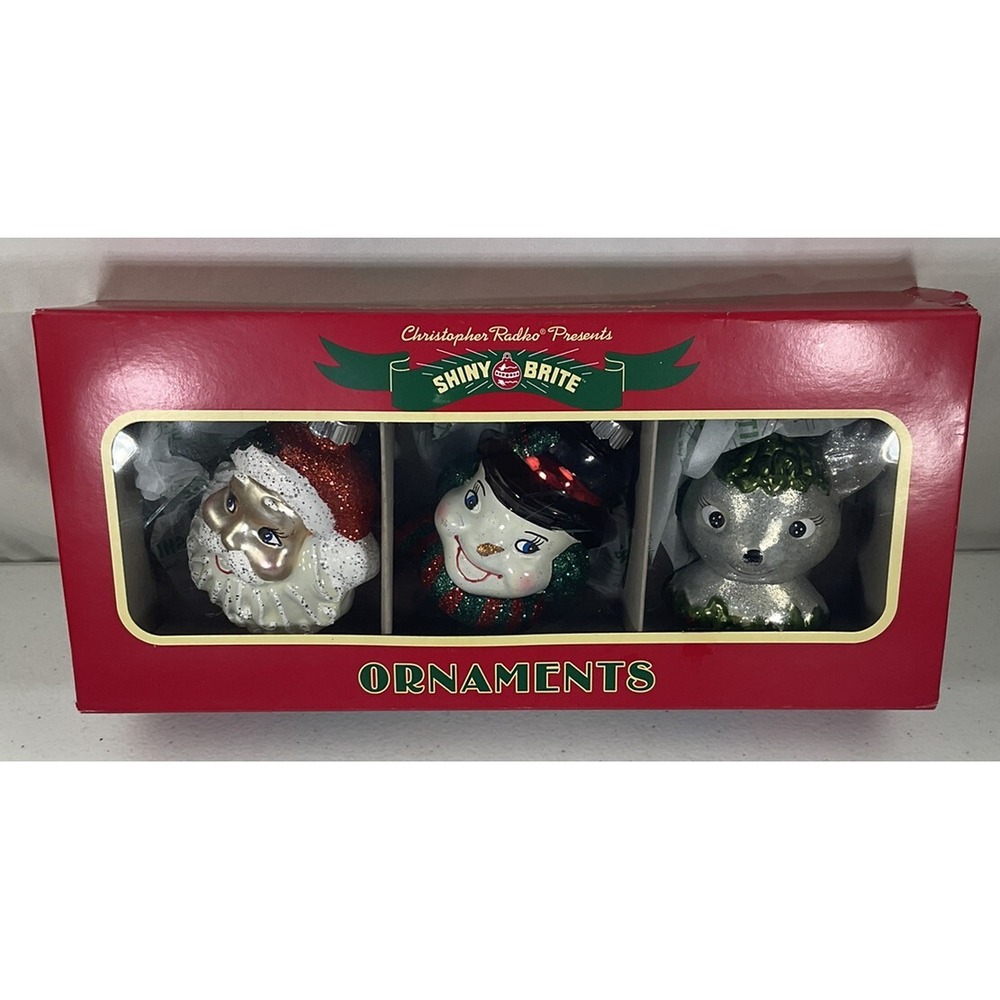 Christopher Radko Shiny Brite 3 Glass Christmas Ornaments Santa Snowman Reindeer